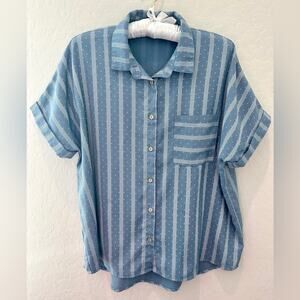 EMBERLEY Blue Striped Polka Dot Button Front Short Sleeve Collared Blouse Medium